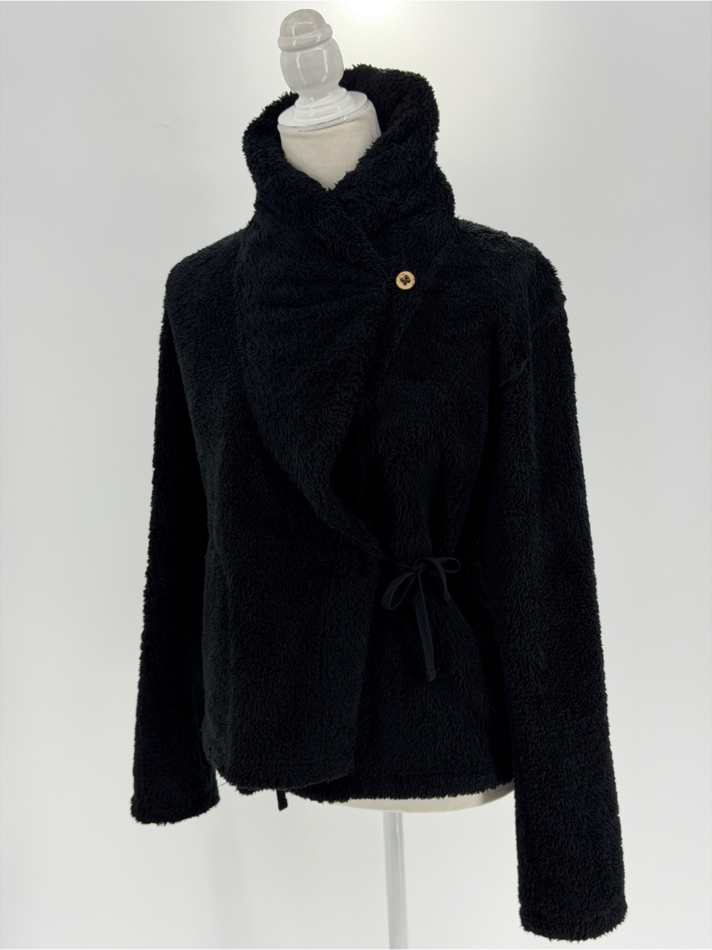 Patagonia Black Plush Teddy Fleece Shawl Collar Wrap Jacket Women’s Size S